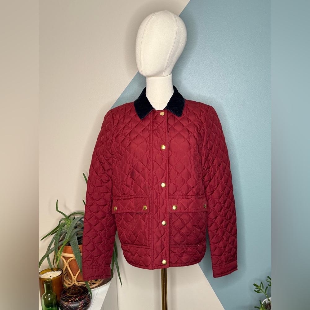 J.Crew Quilted Down Barn Jacket Corduroy Collar Wine Red Field Coat Woman’s S - Picture 2 of 12